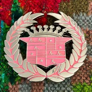 Vintage Chrome & Pink Enamel Cadillac Logo Style Belt Buckle